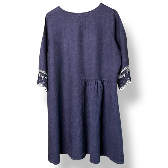 VALIA Made in Australia Navy 100% Linen Dress White Crochet Trim Sz L - Picture 4 of 9